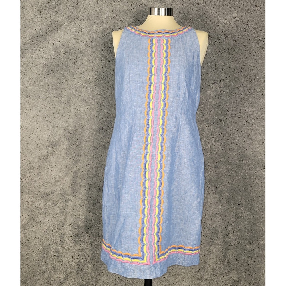 Talbots Dress Womens 4P Blue Linen Blend Scalloped Detail Shift Sleeveless Beach